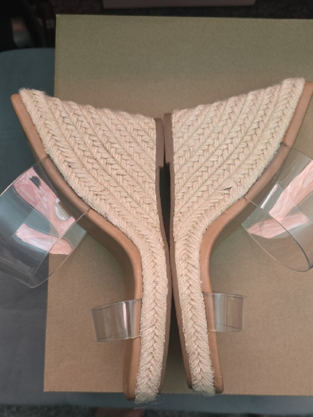 Steve Madden Clear Strap Tan Espadrille Wedge Sandals - Picture 5 of 8